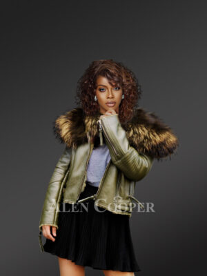 womens leather jacket with raccoon fur collar