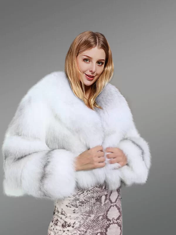 Real Fox Fur Crop Coat with Broad Collar and Long Sleeves for Women - Image 3