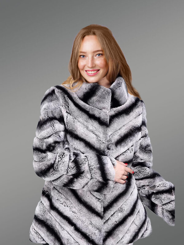 Over Sized High Neck Real Rabbit Fur Winter Outerwear in Grey - Image 7