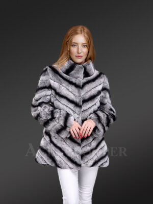 Womens Rabbit Fur High-Neck Coat Looks Chic in Dual Color Chevron Pattern