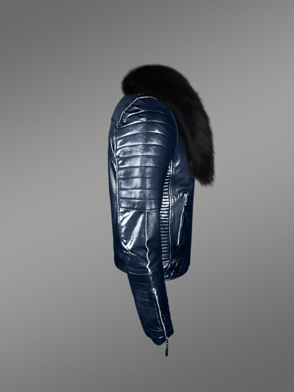 Real Leather Navy Winter Biker Jacket with Black Fox Fur Collar - Image 3