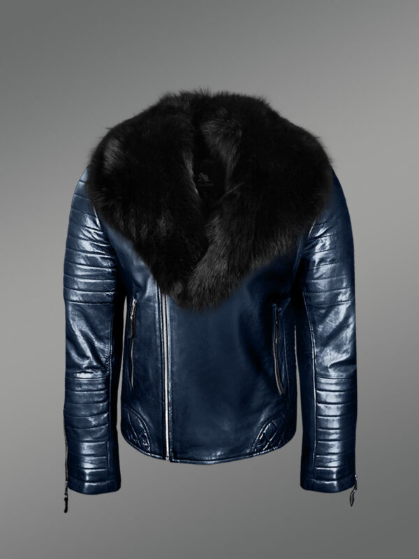 Real Leather Navy Winter Biker Jacket with Black Fox Fur Collar - Image 4