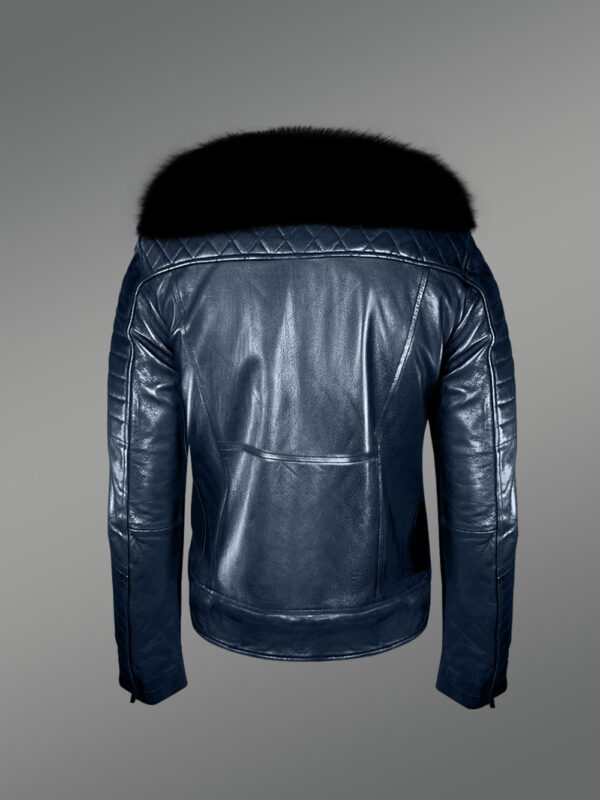 Real Leather Navy Winter Biker Jacket with Black Fox Fur Collar - Image 2