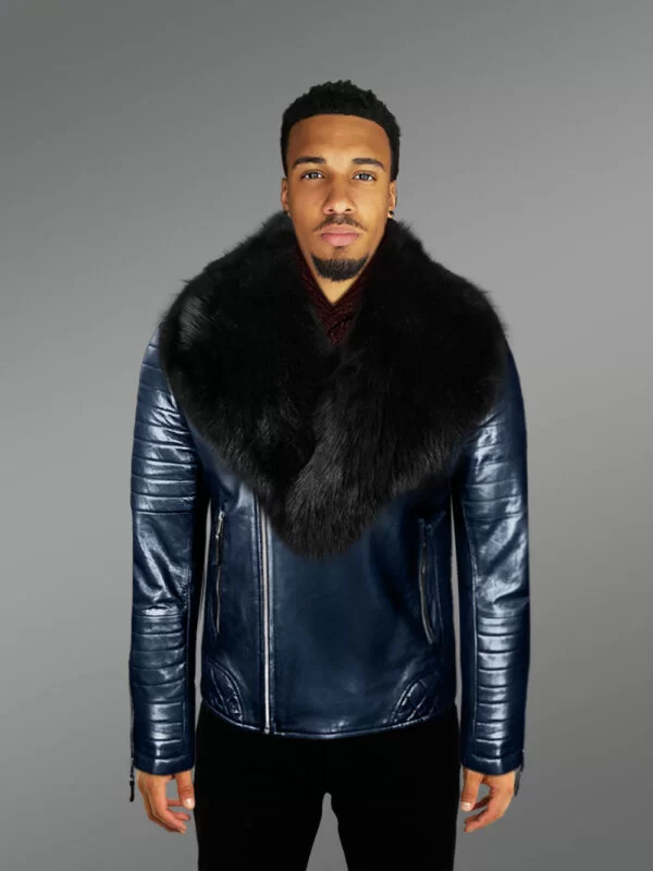 Real Leather Navy Winter Biker Jacket with Black Fox Fur Collar