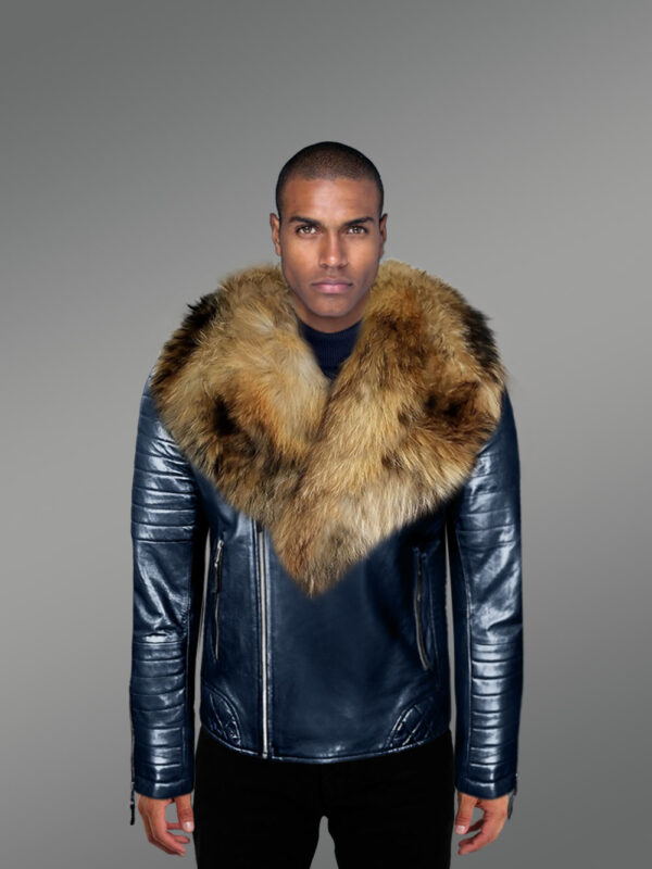 Super Stylish Real Leather Winter Biker Jacket with Raccoon Fur Collar for Men