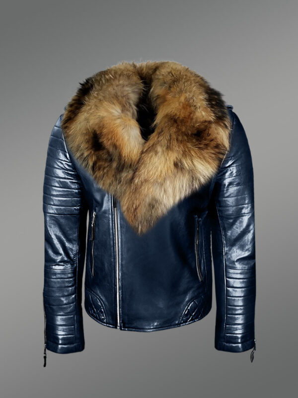 Super Stylish Real Leather Winter Biker Jacket with Raccoon Fur Collar for Men - Image 2