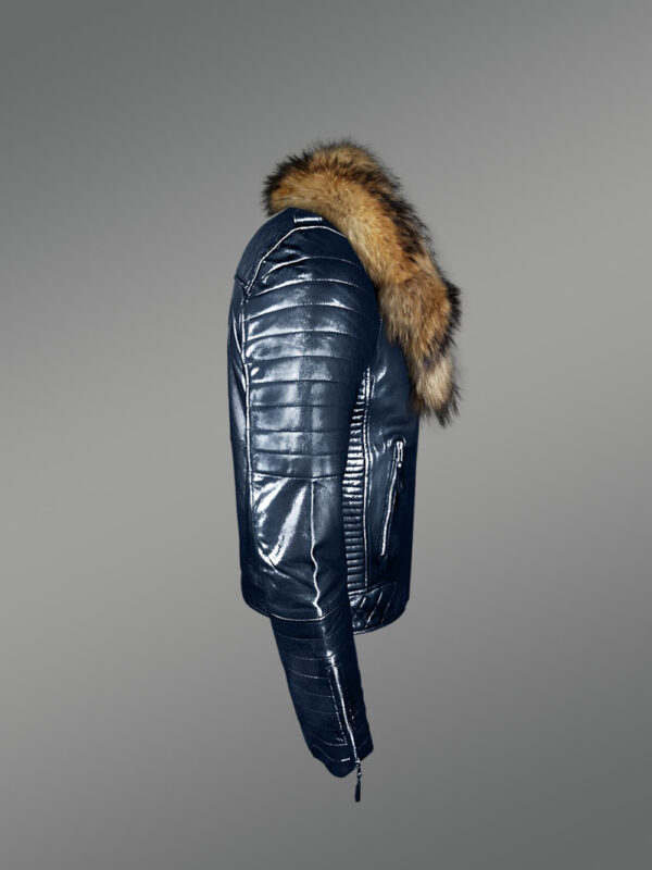 Super Stylish Real Leather Winter Biker Jacket with Raccoon Fur Collar for Men - Image 3