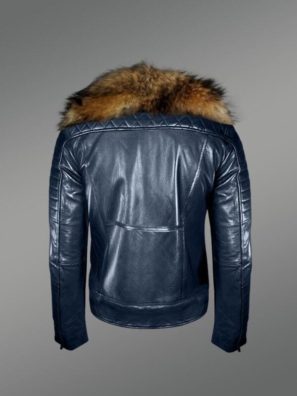 Super Stylish Real Leather Winter Biker Jacket with Raccoon Fur Collar for Men - Image 4