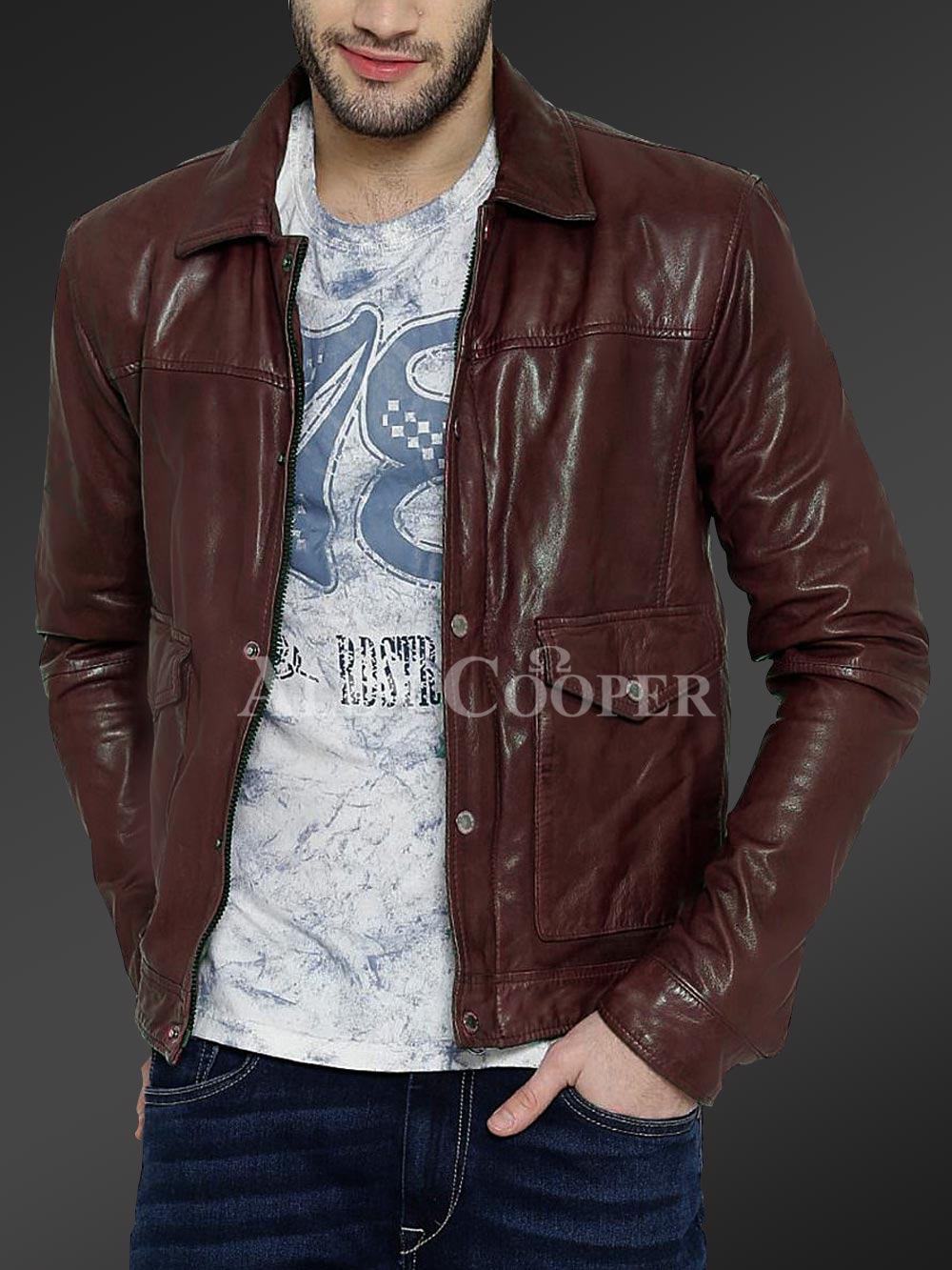 Men’s Lambskin Leather Jacket with Buttons for Closure & Classic Turndown Collar - Image 7