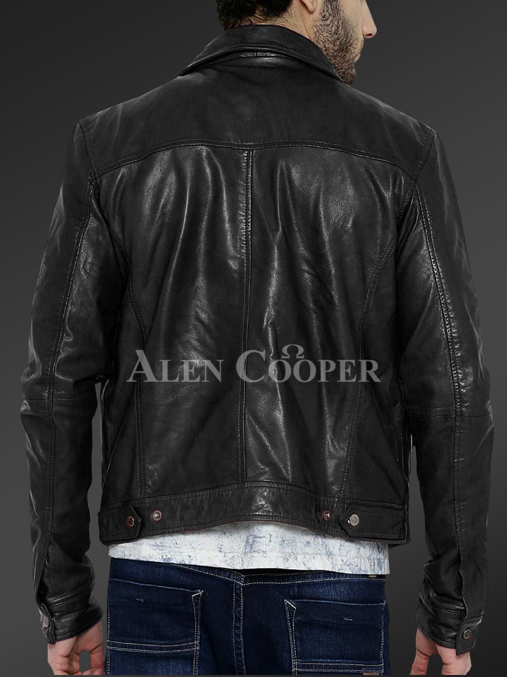 Men’s Lambskin Leather Jacket with Buttons for Closure & Classic Turndown Collar - Image 11