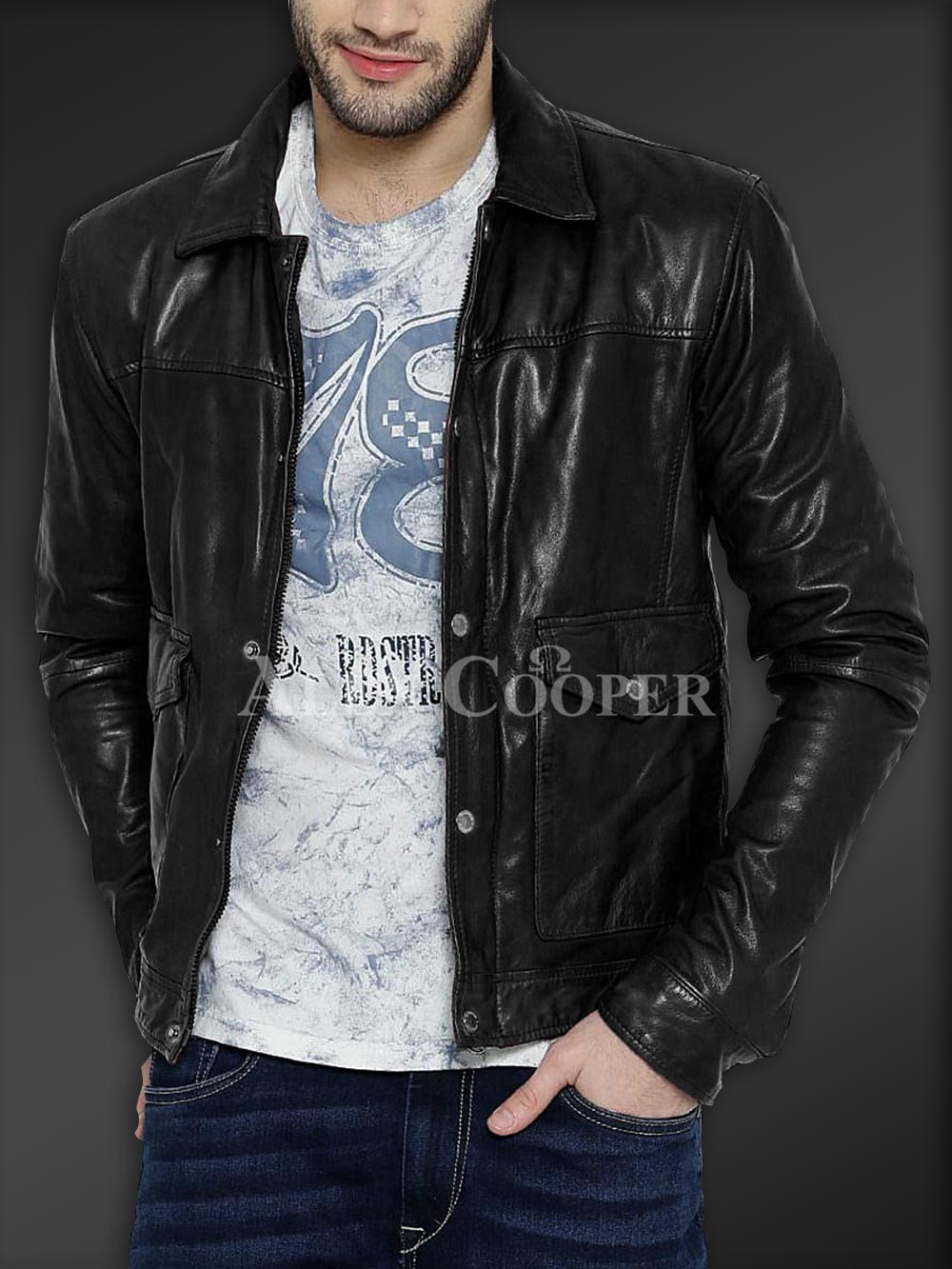 Men’s Lambskin Leather Jacket with Buttons for Closure & Classic Turndown Collar - Image 8