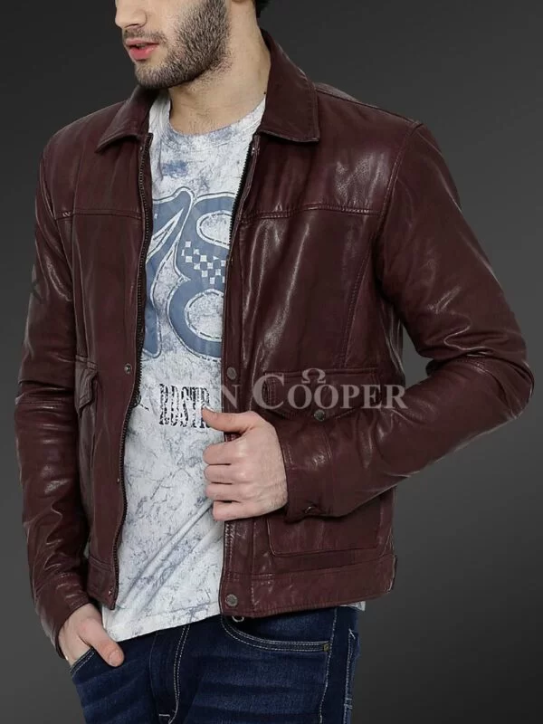 Real Leather Winter Jacket with Traditional Snap Pockets for Men - Image 2