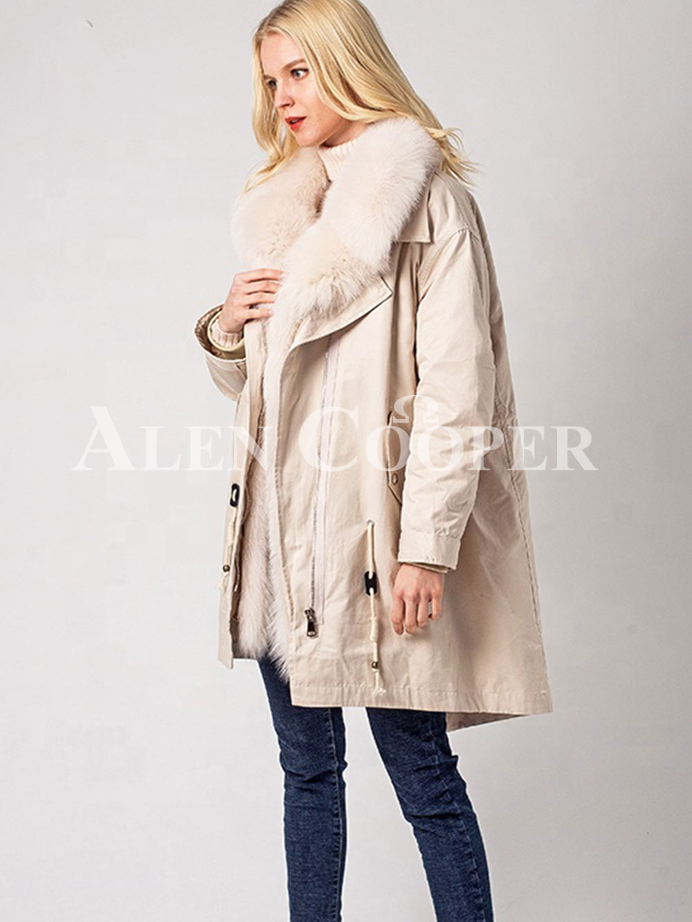 Womens Beige Raccoon Fur Parka– Elegance with Protection of Fur & Cotton - Image 2