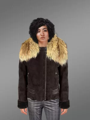 Real shearling jacket with stylish raccoon fur collar