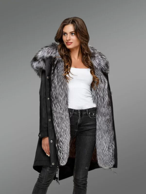 More Aristocratic and Graceful With Ladies’ Scandinavian Silver Fox Fur Hybrid Black Parka Convertibles with Black Rabbit Liner - Image 2