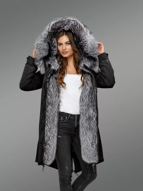 Scandinavian Silver Fox Fur Hybrid Black Parka