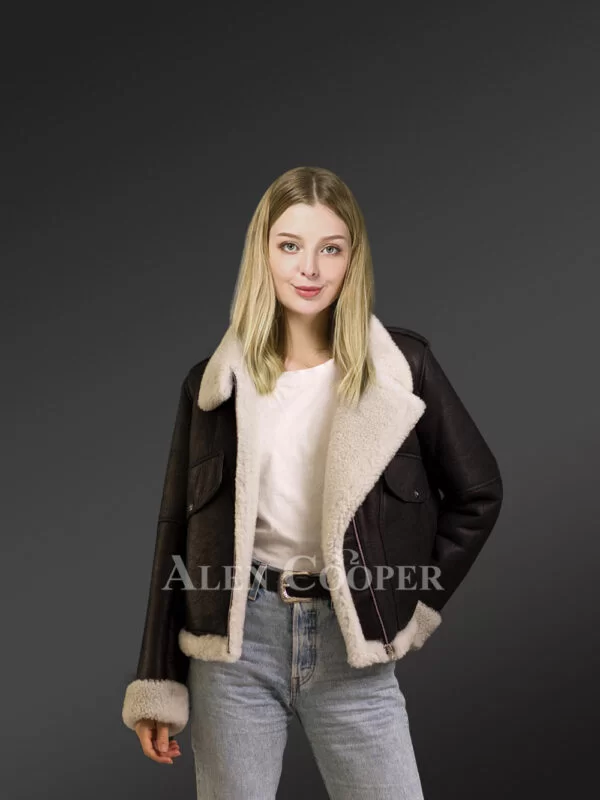 Shearling Jacket for Women in Black with Box Style Pockets - Image 2