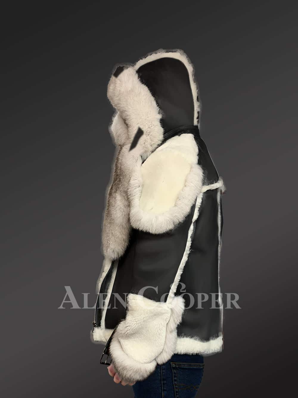 Men Sheepskin Shearling Jacket with Dense Fox Fur Accents - Image 7