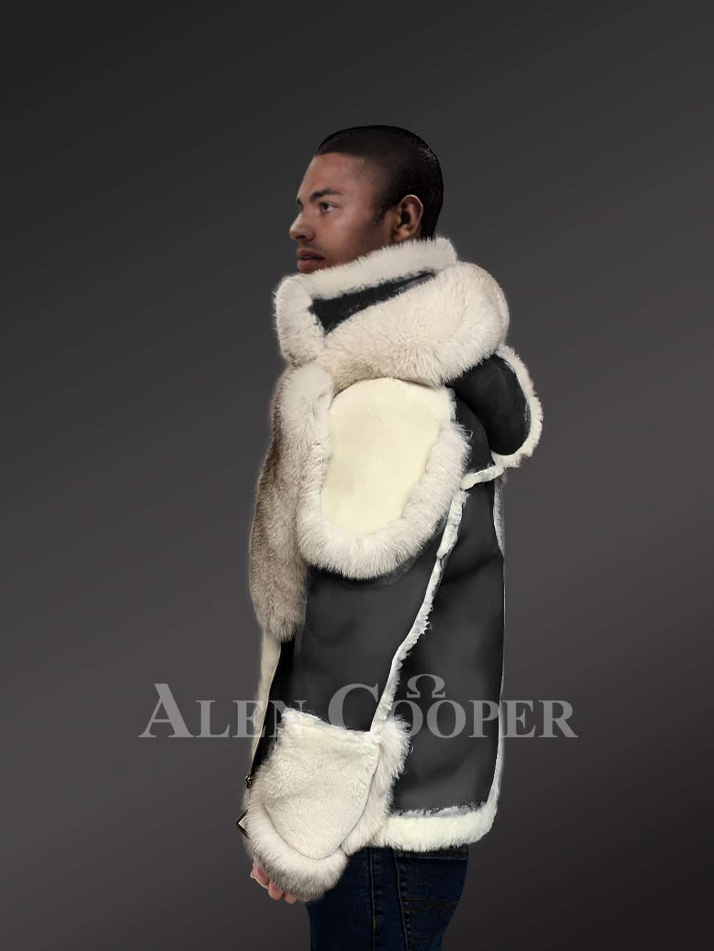 Men Sheepskin Shearling Jacket with Dense Fox Fur Accents - Image 6