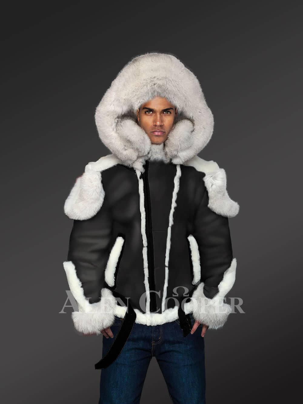 Men Sheepskin Shearling Jacket with Dense Fox Fur Accents - Image 4