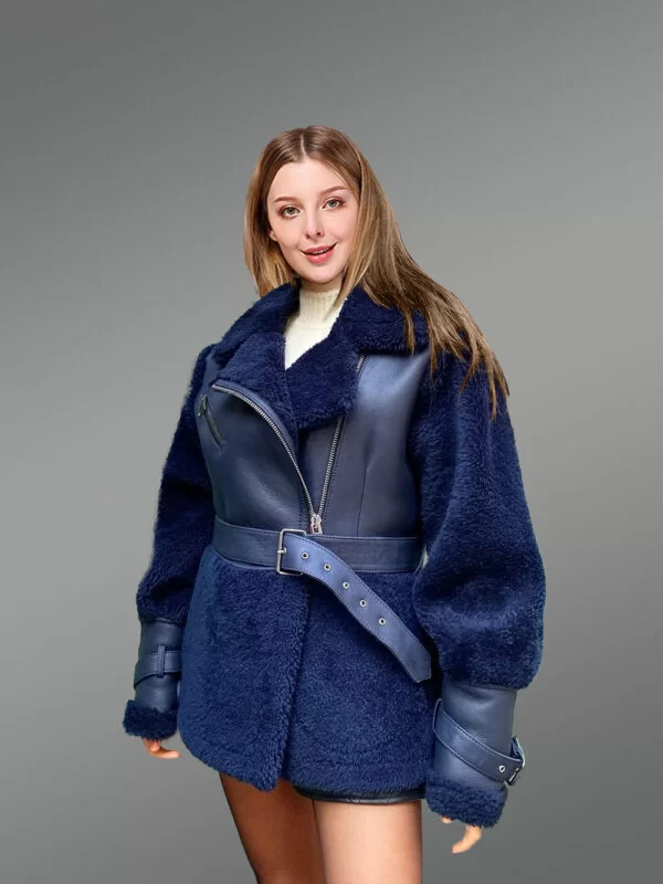 Women's Sheepskin Military Jacket in Royal Blue - Image 2