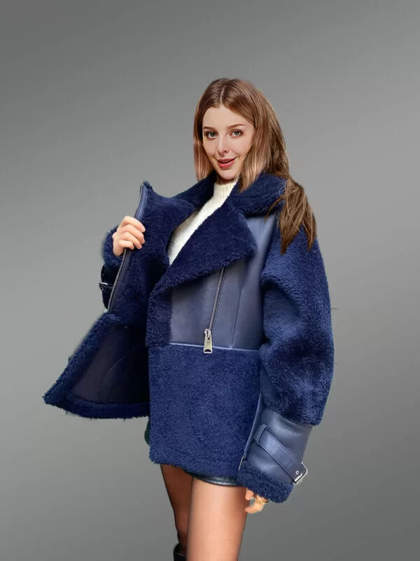 Women's Sheepskin Military Jacket in Royal Blue - Image 3