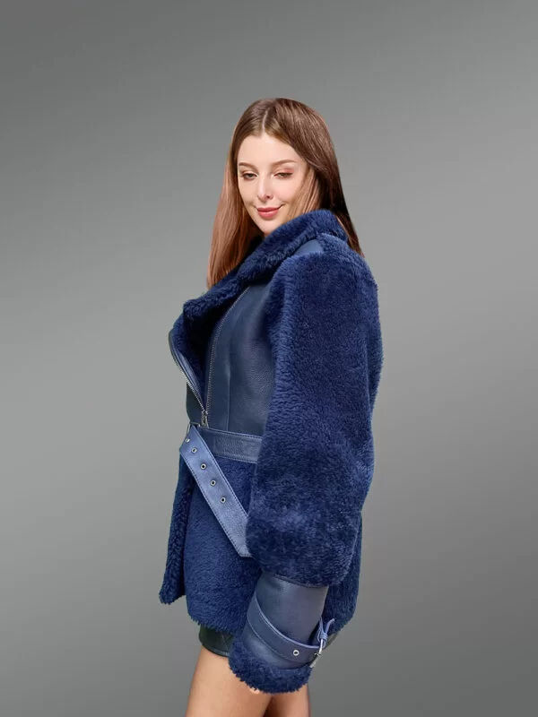 Women's Sheepskin Military Jacket in Royal Blue - Image 6