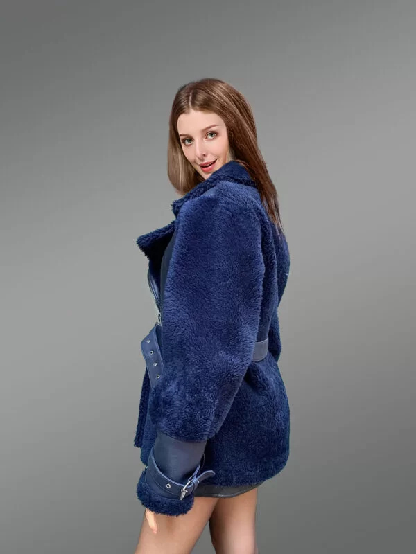 Women's Sheepskin Military Jacket in Royal Blue - Image 5