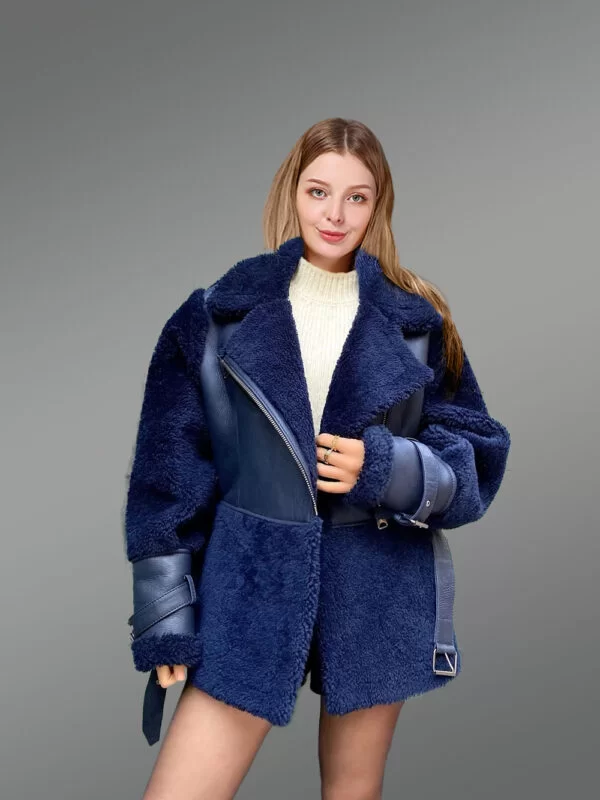 Women's Sheepskin Military Jacket in Royal Blue - Image 4