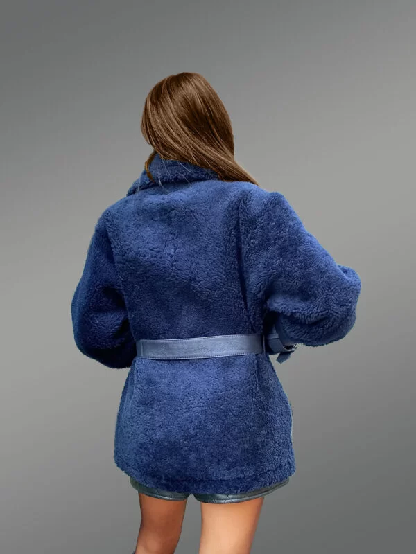 Women's Sheepskin Military Jacket in Royal Blue - Image 7