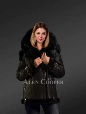 Sheepskin Shearling Jacket for Women In Cuff Belts And Hood