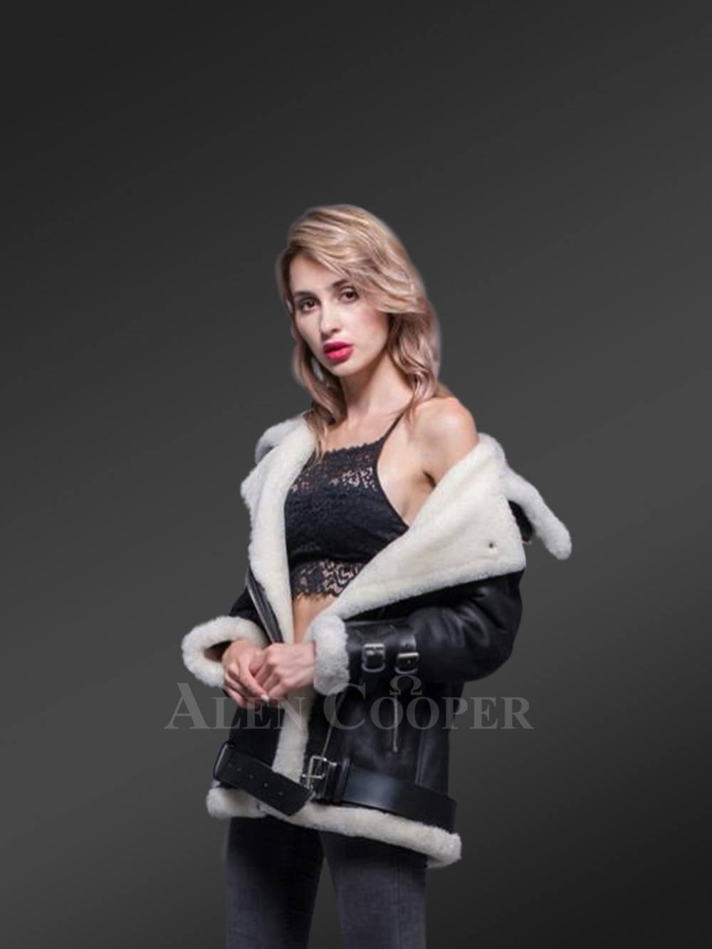 Sheepskin Shearling Jacket for Women in Nappa Black Finish - Image 3
