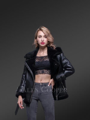 Sheepskin shearling jacket for women With In-Built Belts