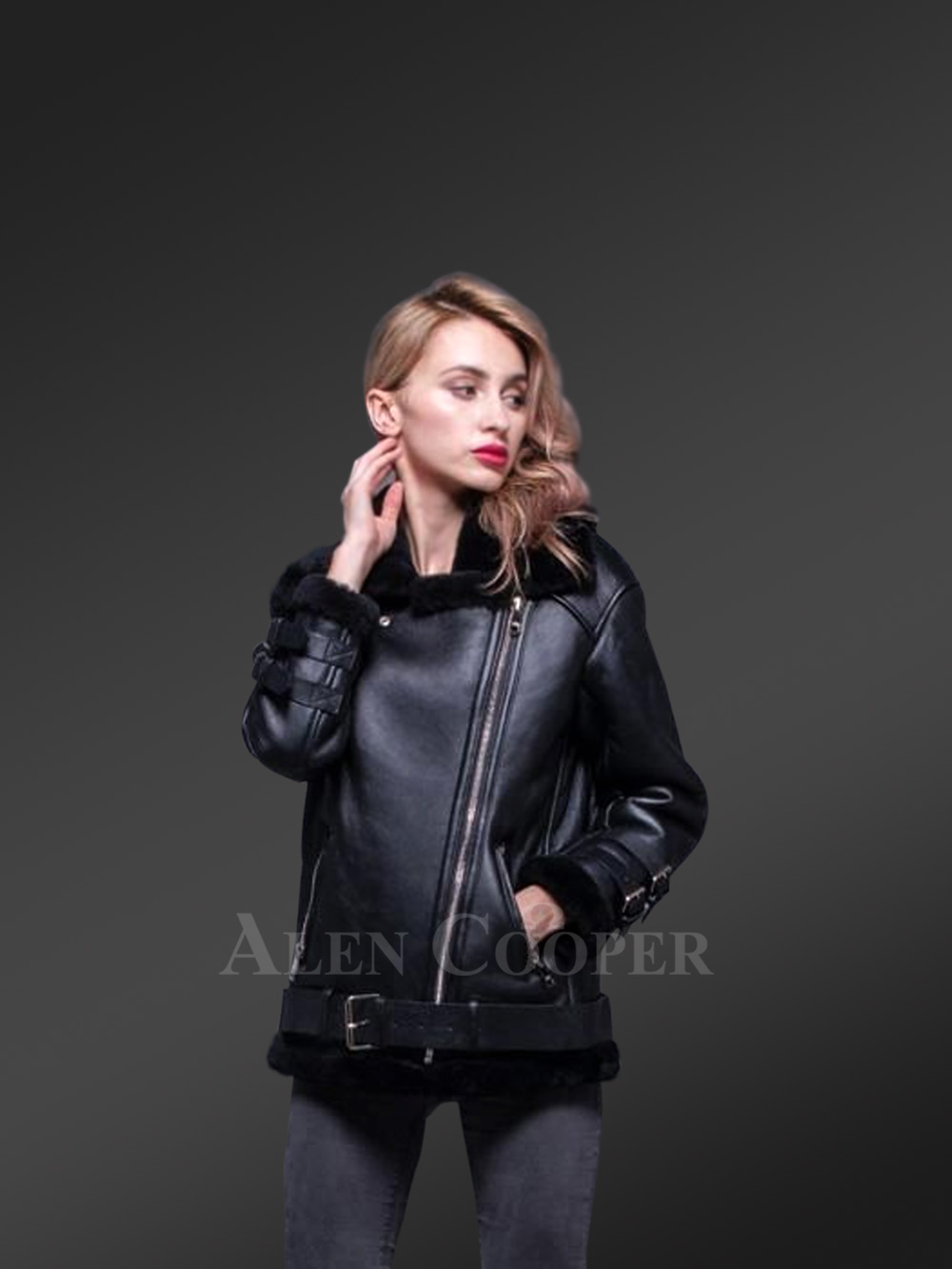 Sheepskin Shearling Jacket for Women with In-Built Belts - Image 2