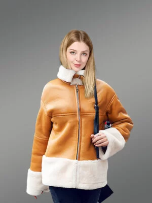 Sheepskin shearling jacket for women in Light brown