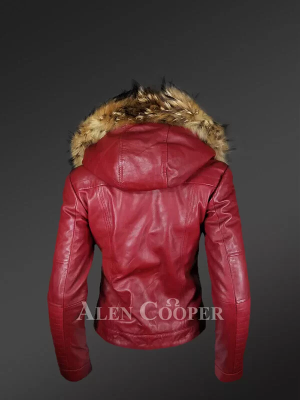 Women's Short Length Leather Parka in Wine with Raccoon Fur Trim In Front and Hood - Image 5