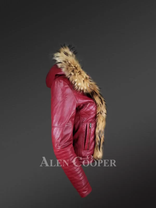 Women's Short Length Leather Parka in Wine with Raccoon Fur Trim In Front and Hood - Image 4