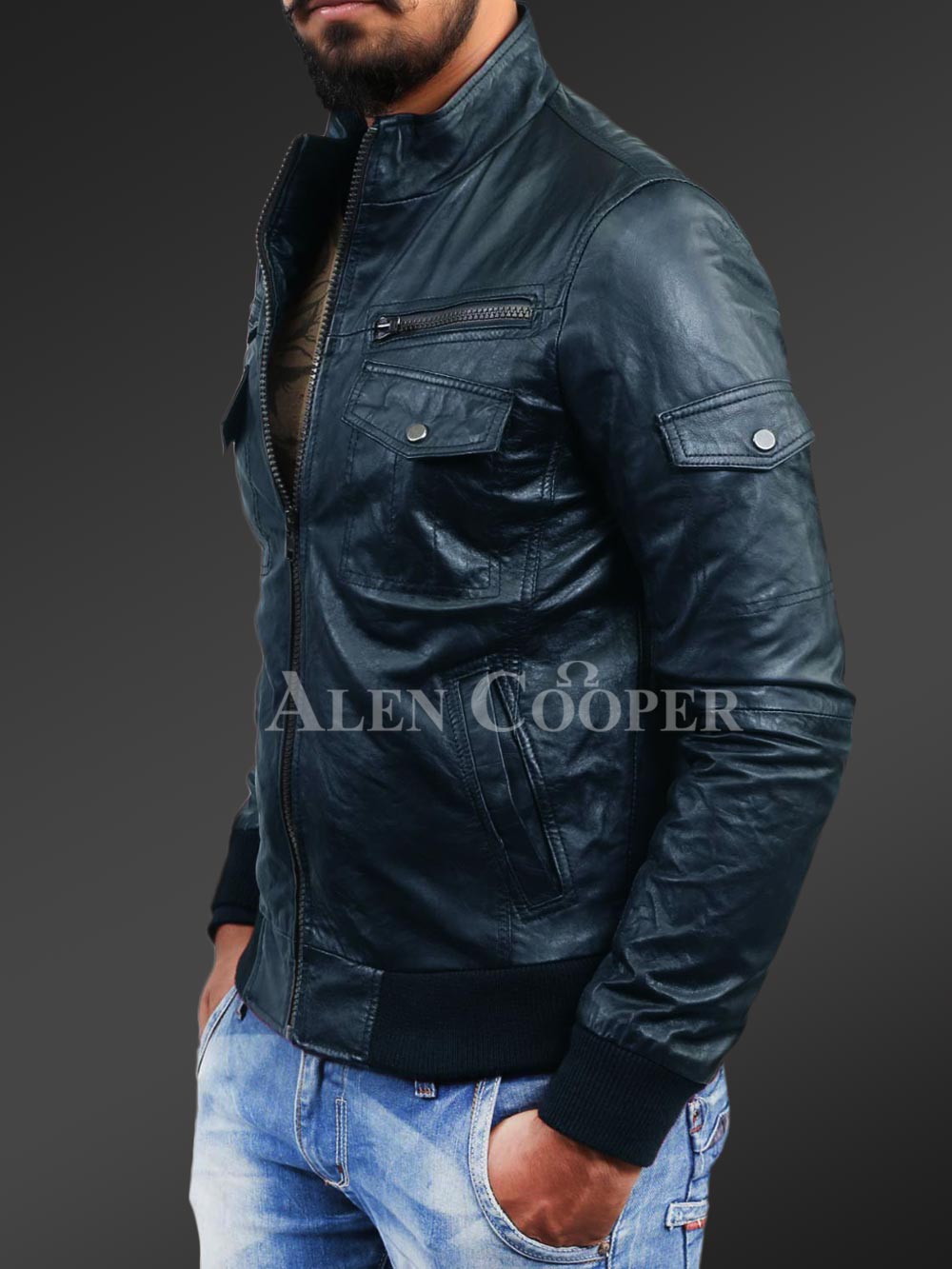 Slim Fit Pure N Smooth Real Leather Jacket with Double Faced Shearling Collar - Image 8
