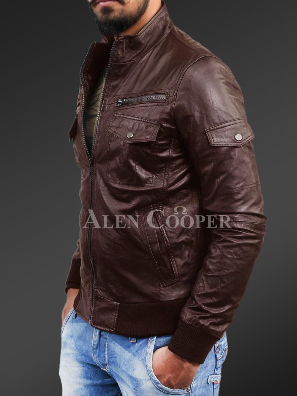 Slim Fit Pure N Smooth Real Leather Jacket with Double Faced Shearling Collar - Image 10