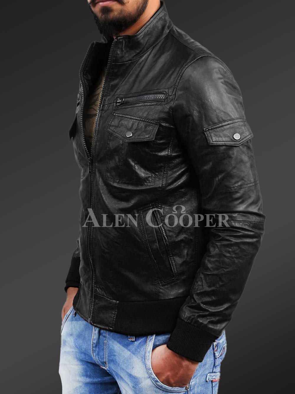 Slim Fit Pure N Smooth Real Leather Jacket with Double Faced Shearling Collar - Image 11