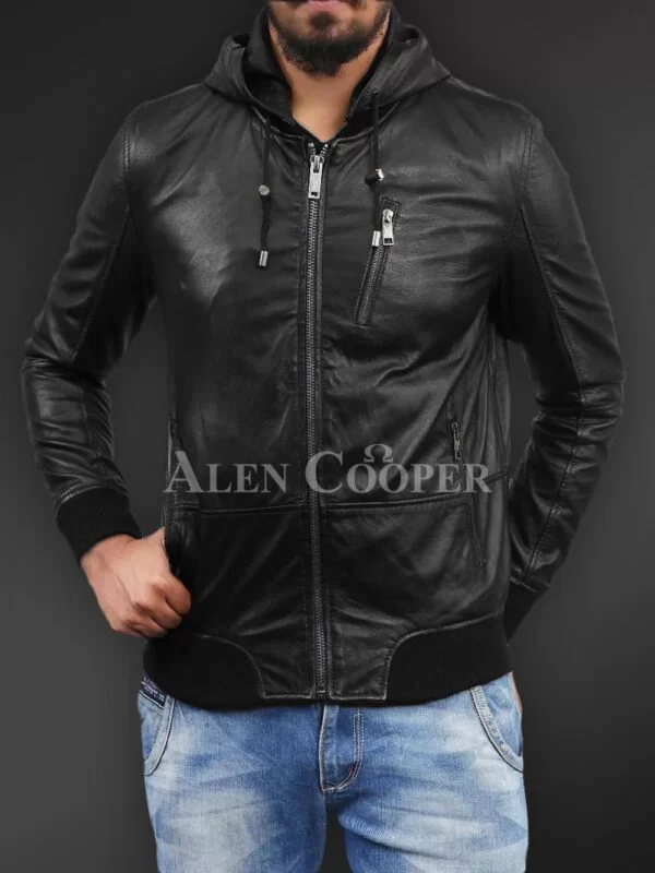 Soft and smooth textured affordable real leather hooded jacket