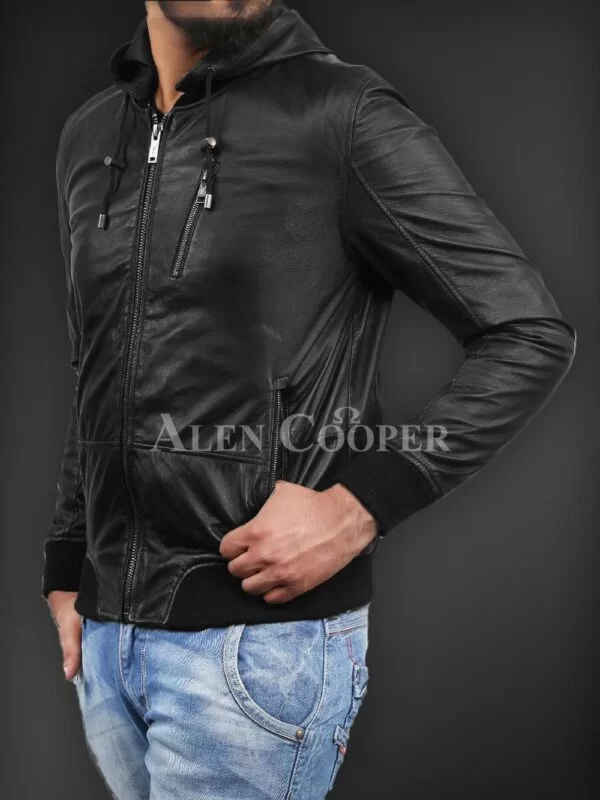 Soft and smooth textured affordable real leather hooded jacket - Image 6