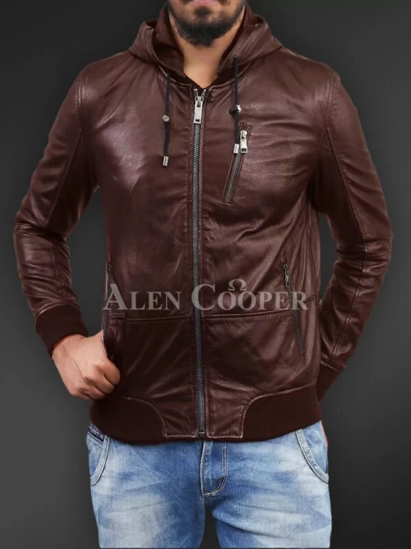 Soft and smooth textured affordable real leather hooded jacket - Image 2