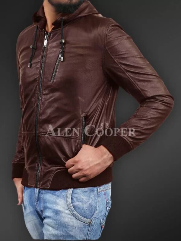 Soft and smooth textured affordable real leather hooded jacket - Image 5