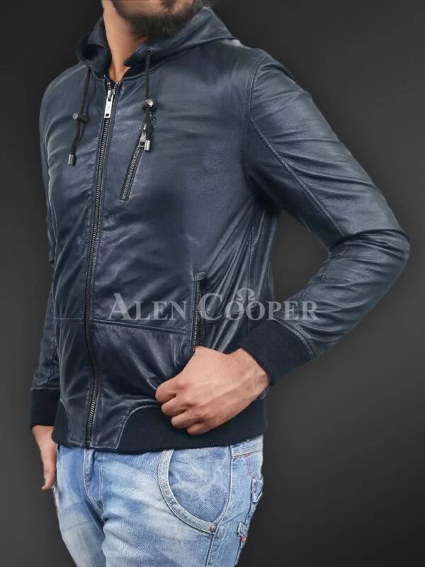 Soft and smooth textured affordable real leather hooded jacket - Image 8