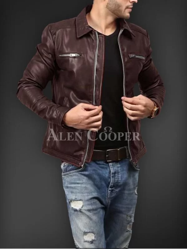 Soft Solid and Straight Real Leather Winter Jacket for Men - Image 5