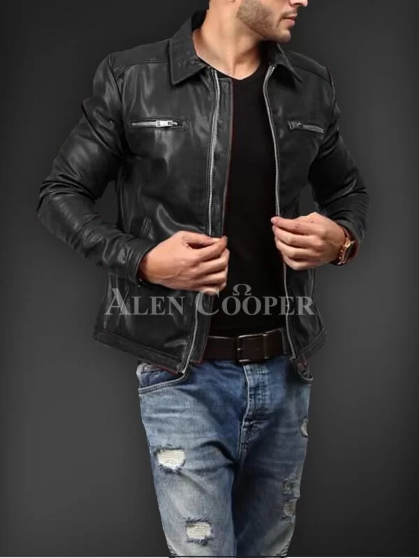 Soft Solid and Straight Real Leather Winter Jacket for Men - Image 6