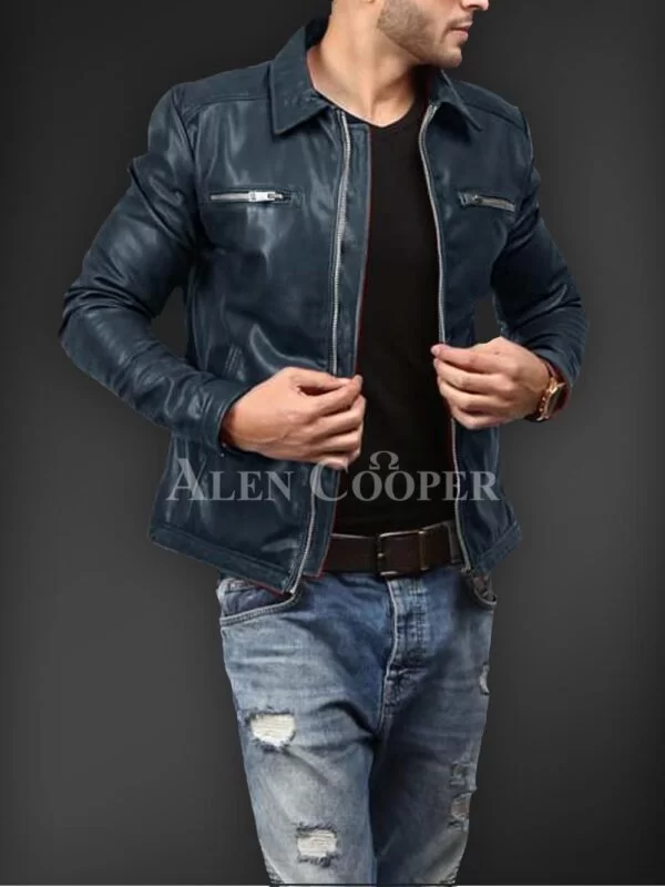 Soft Solid and Straight Real Leather Winter Jacket for Men - Image 8