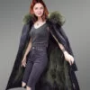 Solid long black parka with raccoon fur collar for women