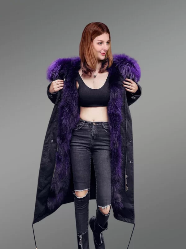 Stunning Long Black Parka with Voluminous Purple Hood for Women